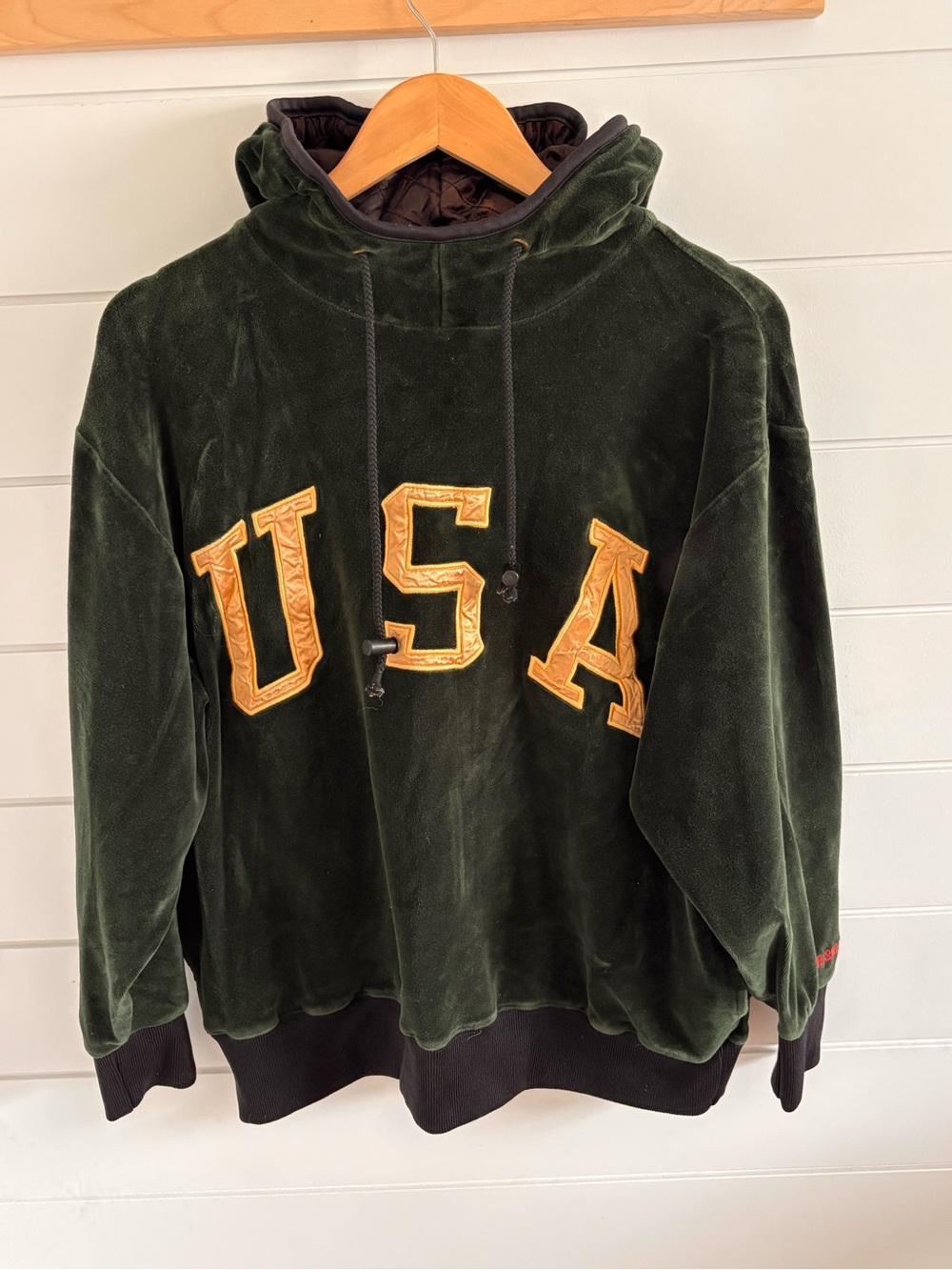 Vintage 90s Polo Sport Ralph Lauren USA Velour Hoodie Green Gold Mens M